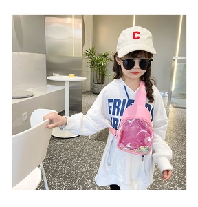 Pink PVC chest bag for kids featuring a transparent front pocket with colorful sequins