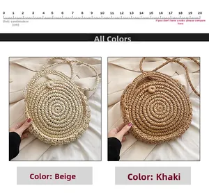 Detailed comparison of beige and khaki straw bags with measurements and woven texture