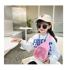 Pink kids chest bag featuring a heart-shaped transparent window with colorful flowing sequins