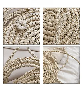 Detail of round straw bag showing spiral weave texture and handcrafted fiber patterns