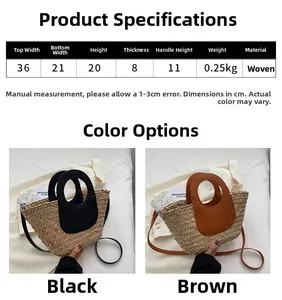 Detailed view of handmade woven straw bucket bag showing size dimensions and material texture