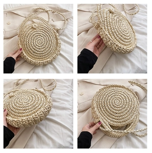 Detailed four-way view showing texture and structure of this circular straw beach bag