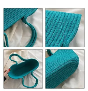 Macro views showing the thick cotton rope texture and woven knots of the cyan tote bag