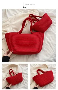 Detail view of red cotton rope woven tote bag with horizontal ribbed texture