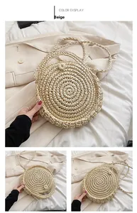 Detail showing the concentric woven texture and button closure of the beige straw bag