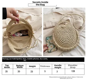 Detailed size chart and dimensions of the vintage straw woven beach shoulder bag
