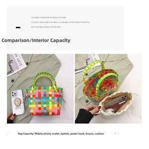 Dettaglio borsa a cesto intrecciata colorata con sacchetto interno e capacità interna