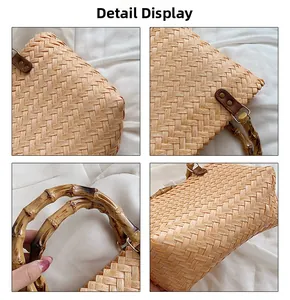 Detail of woven straw texture and bamboo handle with metal D-ring on beach bag