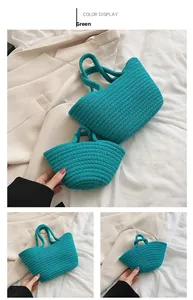 Detail of green hand-woven cotton rope handbags in two sizes for casual outings