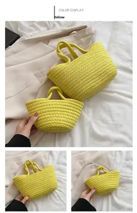 Detail of yellow candy-colored woven cotton tote bag set with textured handles