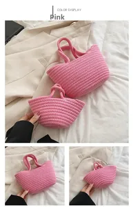 Detailed view of pink woven cotton rope handbags in small and large sizes with round handles