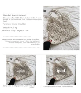 Detailed view of cream hollow mesh tote bag showing weave texture and large capacity