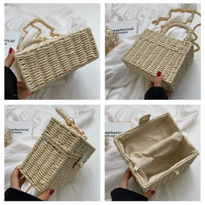Detailed four-way view of beige straw box bag with woven handle and gold chain