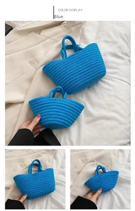 Detailed comparison of blue cotton rope woven tote bags in large and small sizes