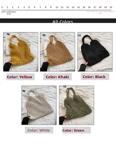 Detail view of woven mesh beach bags in yellow, khaki, black, white, and green colors