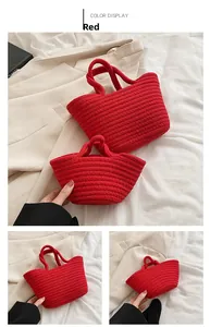 Detail of red woven cotton rope tote bags in two sizes for casual parent-child outings