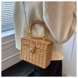 Detail of vintage straw box bag featuring leather buckle and gold chain strap on model
