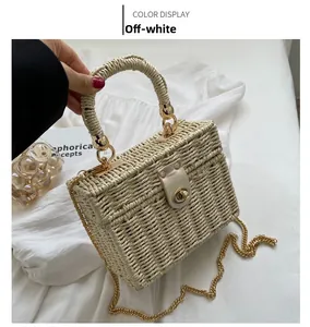 Close-up of beige straw woven box bag featuring gold twist lock and metal chain strap