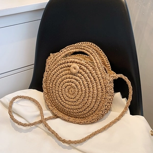 Vintage round straw bag with natural woven texture and dual-purpose straps for summer beach