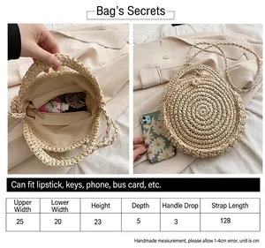Retro beige woven straw beach bag for women with detailed size chart and internal capacity