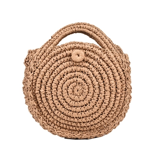 Round straw tote bag with woven circular texture and integrated handle for summer beach