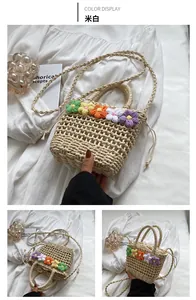 Detail of floral woven bag with colorful knitted flowers and drawstring lining texture