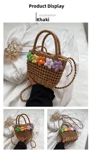 Detail of khaki straw woven tote bag featuring colorful crochet flower embroidery