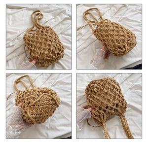 Detalle del bolso tipo cubo tejido en caqui con nudos hechos a mano y forro interior
