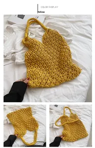 Detail view of yellow woven hollow mesh beach bag showing handcrafted crochet texture