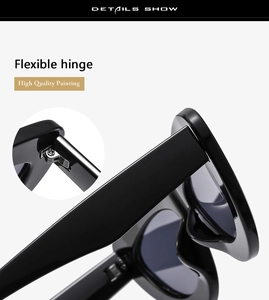 Close-up of flexible metal hinges and high-quality glossy finish on cat eye sunglasses