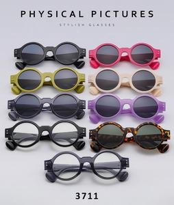 Detailed grid view of chunky retro round sunglasses in multiple vibrant color variants