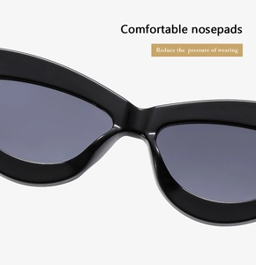 Macro detail of comfortable integrated nose pads on black cat-eye sunglasses