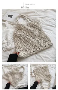 Detail of white handmade woven hollow mesh beach tote with round crochet handles