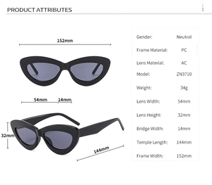 Detailed size specifications of black cat-eye sunglasses with PC frame and AC lens