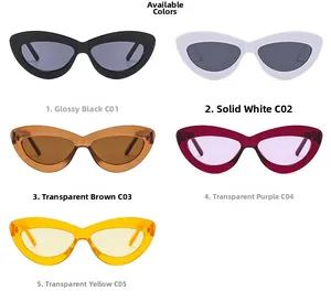Five assorted retro cat-eye sunglasses in black, white, brown, purple, and yellow options