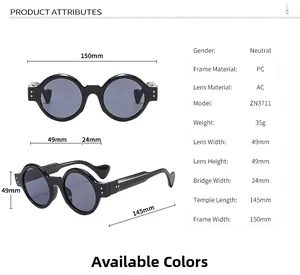 Detailed size chart for retro round sunglasses showing frame dimensions and PC material info