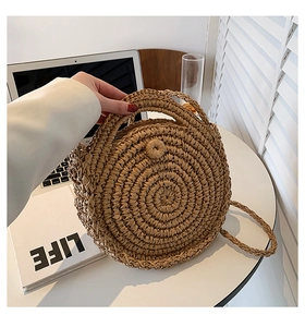 Borsa rotonda retrò in paglia marrone naturale con manici circolari e tracolla
