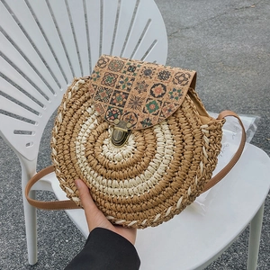 Round Straw Crossbody Bag Ethnic Print Cork Cover Metal Buckle PU Strap Summer Beach Vacation Style For Women