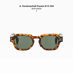 Detail view of tortoiseshell demi frame sunglasses with classic green G15 lenses