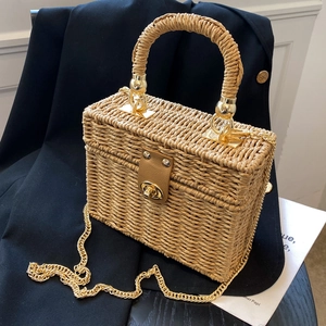 Vintage Straw Woven Box Bag Women Summer Beach Crossbody Bag With Metal Chain Strap And Turn Lock Fashion