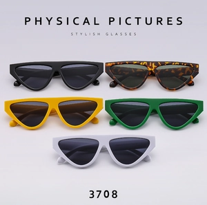 Five assorted cat eye triangle sunglasses in black, yellow, white, and green colors