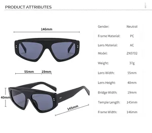 Size chart detail of triangle cat eye sunglasses showing PC frame and AC lens dimensions