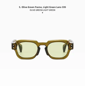 Macro detail of olive green polygonal sunglasses with decorative metal rivet accents