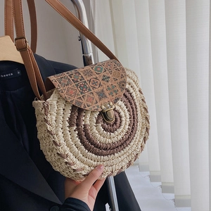 Retro round straw shoulder bag with tribal print flap and metallic buckle for summer beach