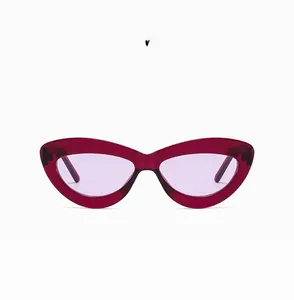 Macro detail of cat-eye sunglasses with transparent purple frames and tinted lenses