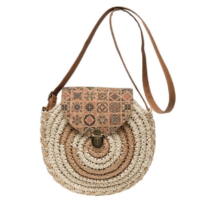Vintage round straw shoulder bag with bohemian printed flap and brown PU strap