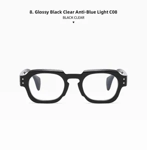 Close-up of retro black thick-frame blue light blocking glasses with clear lenses
