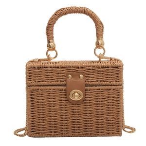 Vintage woven straw square box bag with gold chain strap and top handle for summer beach fashion