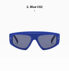 Macro detail of matte blue triangle cat-eye sunglasses with silver side rivets