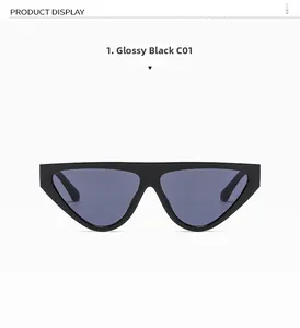 Close-up of C01 bright black cat-eye sunglasses with dark grey UV protective lenses